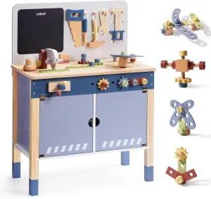 ROBUD Wooden Toy Workbench, Large Kid's Wooden Play Tool, Pretend Play Creative Building Set, Construction Workshop Tool Bench Toys, Gift for Girls & Boys, 3 