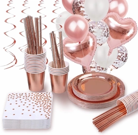 Rose Gold Party Decorations | Valentines Day Decoration for The Home | Valentine Galentines Day Decorations | Rose Gold Birthday Supplies | Bachelorette Balloons Tableware Paper Plates Cups Napkins