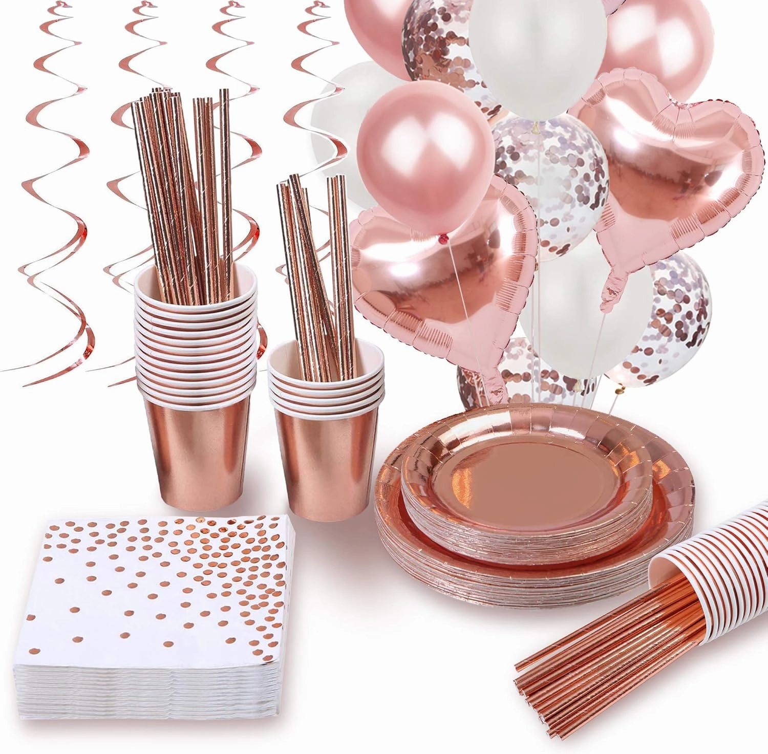Rose Gold Party Decorations | Valentines Day Decoration for The Home | Valentine Galentines Day Decorations | Rose Gold Birthday Supplies | Bachelorette Balloons Tableware Paper Plates Cups Napkins