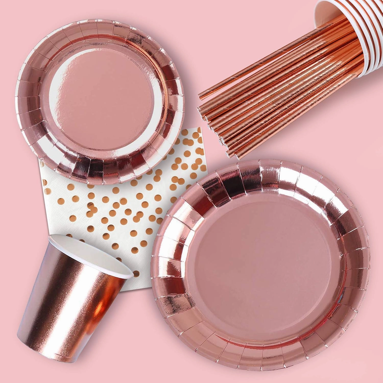 Rose Gold Party Decorations | Valentines Day Decoration for The Home | Valentine Galentines Day Decorations | Rose Gold Birthday Supplies | Bachelorette Balloons Tableware Paper Plates Cups Napkins