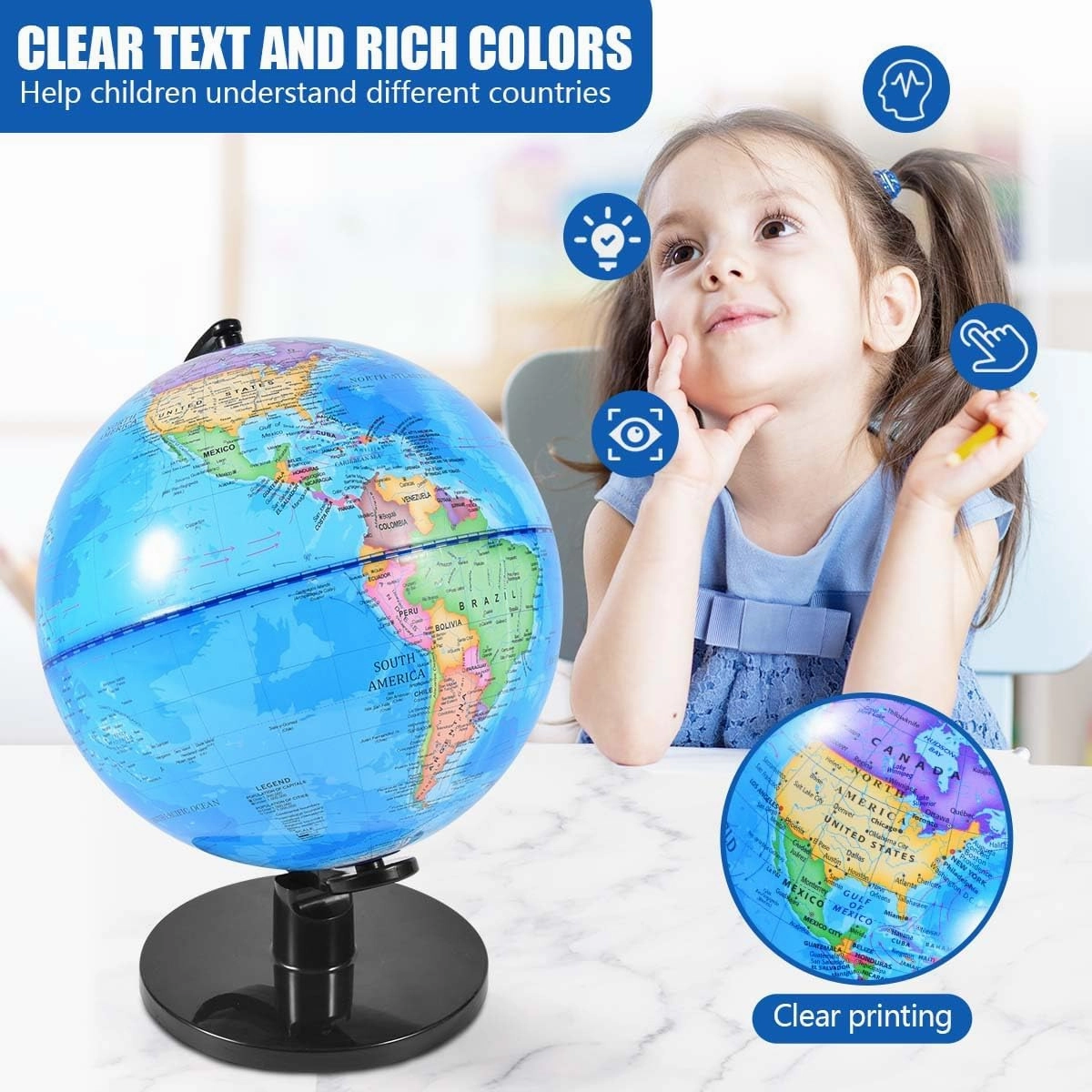 Rotating World Globe 10 Inch Spinning Earth Globe with Stand for Kids Learning Geography Classroom Education or Office Home Decorations