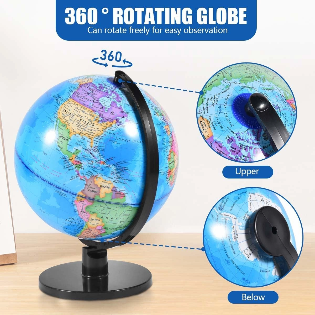 Rotating World Globe 10 Inch Spinning Earth Globe with Stand for Kids Learning Geography Classroom Education or Office Home Decorations