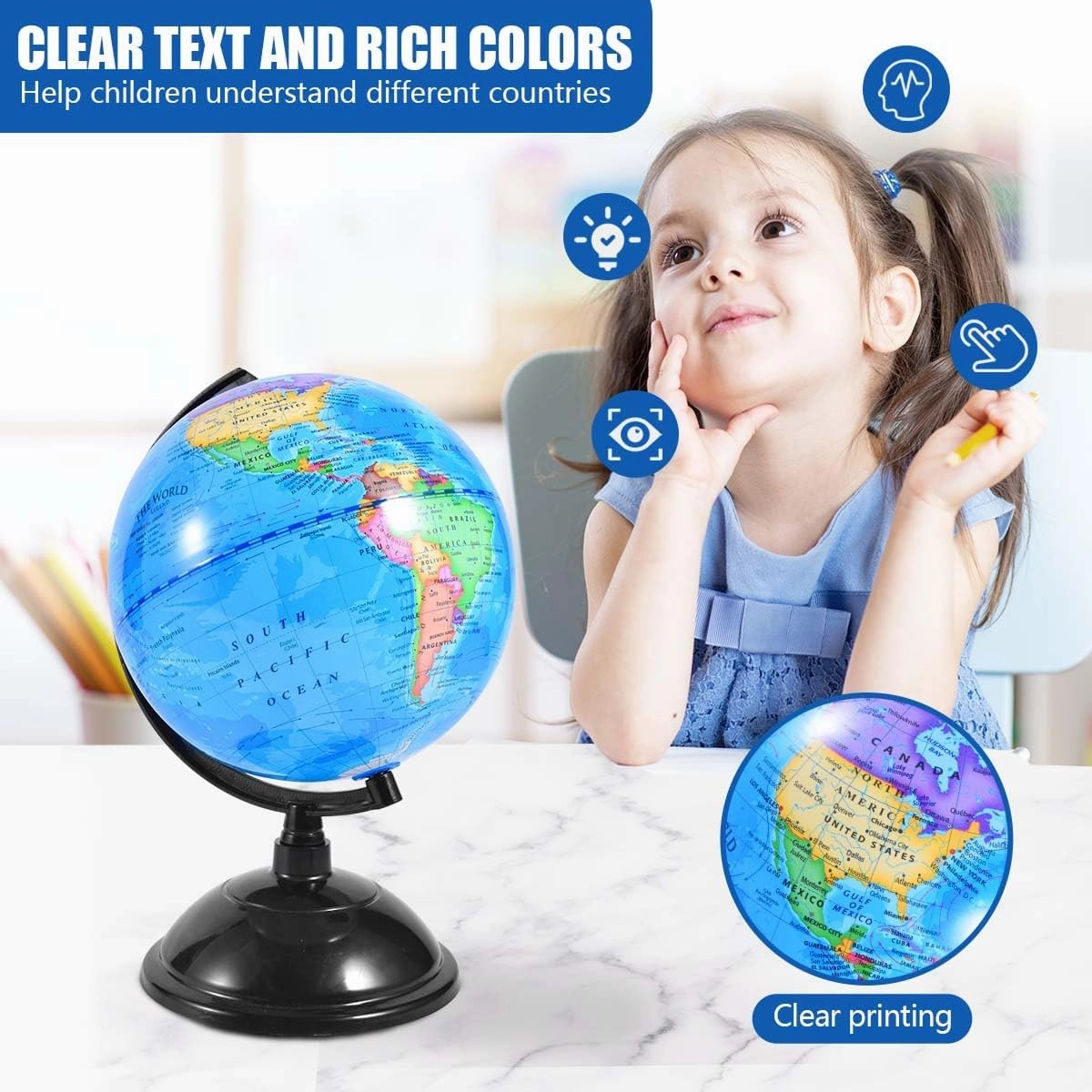 Rotating World Globe 8 Inch Spinning Earth Globe with Stand for Kids Learning Geography Classroom Education or Office Home Decorations