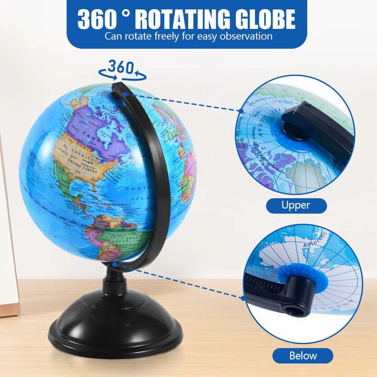 Rotating World Globe 8 Inch Spinning Earth Globe with Stand for Kids Learning Geography Classroom Education or Office Home Decorations