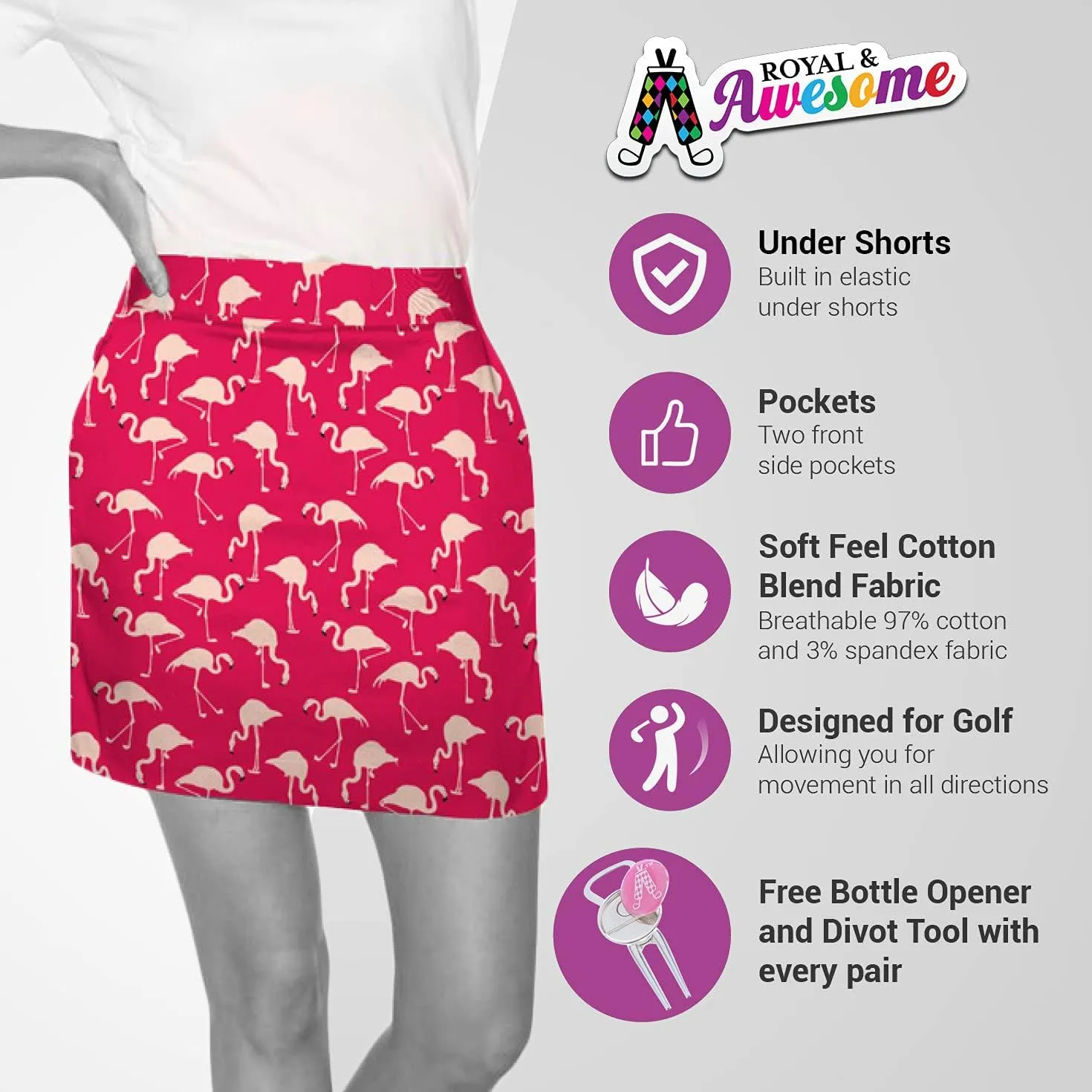 Royal & Awesome Women's Golf Skort with Pockets, Skirts for Ladies, Colorful Design