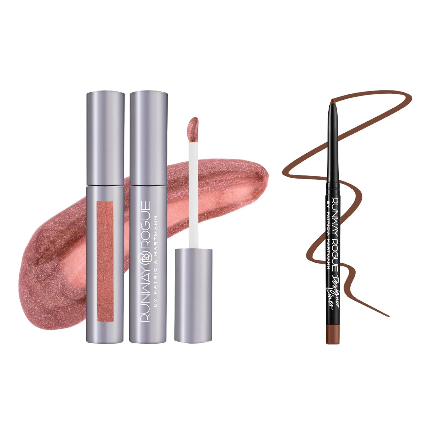 Runway Rogue Classic Gloss ‘Chameleon’, Semi-Sheer Golden Rose Hydrating Shimmer Lip Gloss with Trendsetter, Matte Soft-Mocha Lip Liner and Sharpener