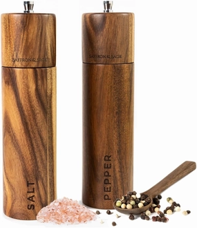 Saffron & Sage Premium Acacia Wood Salt and Pepper Grinder Set of 2-8” Tall Salt and Peppercorn Mill with Adjustable Coarse Settings, Rust Resistant, Smooth and Quality Grinding Mechanism