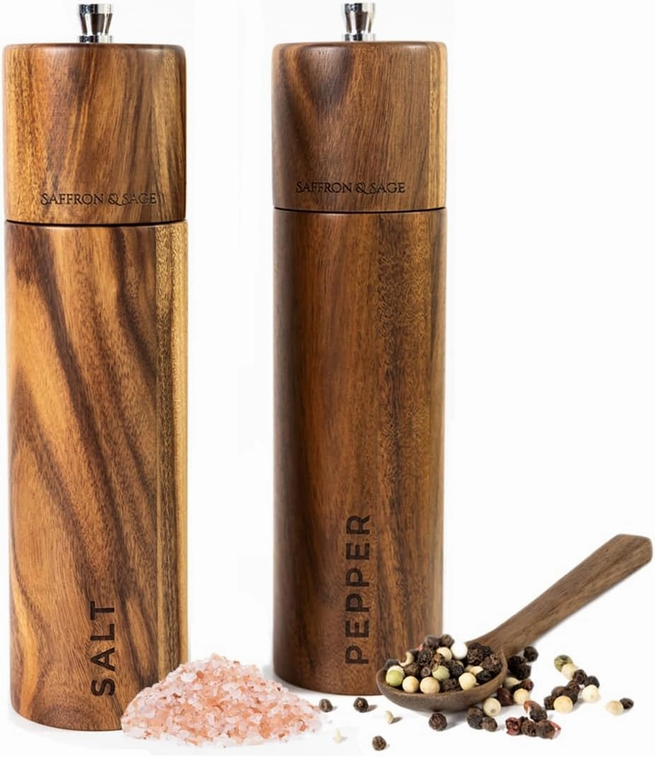 Saffron & Sage Premium Acacia Wood Salt and Pepper Grinder Set of 2-8” Tall Salt and Peppercorn Mill with Adjustable Coarse Settings, Rust Resistant, Smooth and Quality Grinding Mechanism