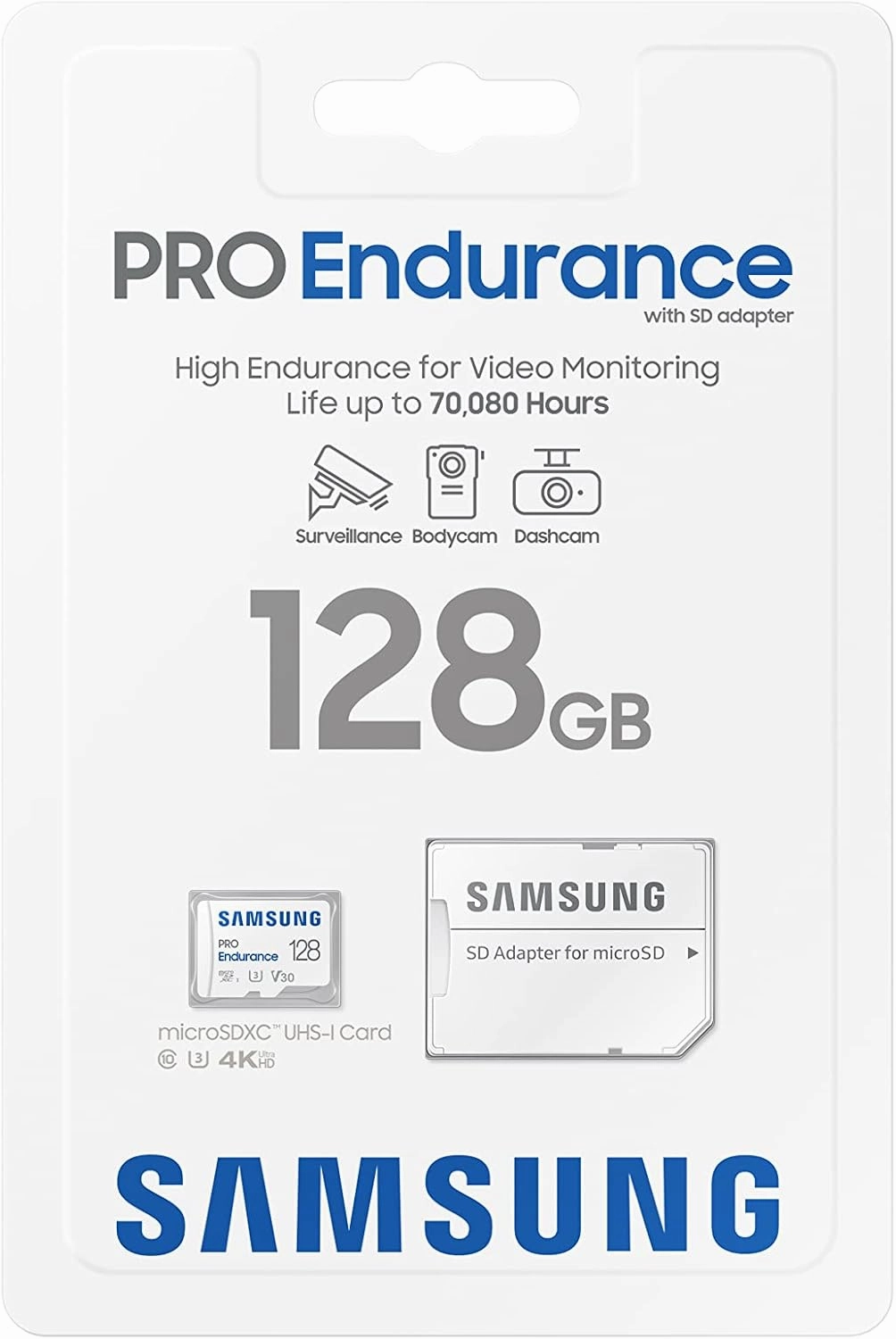 SAMSUNG PRO Endurance 128GB MicroSDXC Memory Card with Adapter for Dash Cam, Body Cam, and Security Camera – Class 10, U3, V30 (‎MB-MJ128KA/AM)