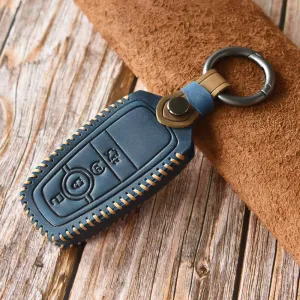 SANRILY 4-Button Smart Key Cover Case for Ford Mondeo Fusion Mustang Expedition Keyless Entry Remote Key Holder Full Protection Leather Key Fob Shell with Keychain Blue