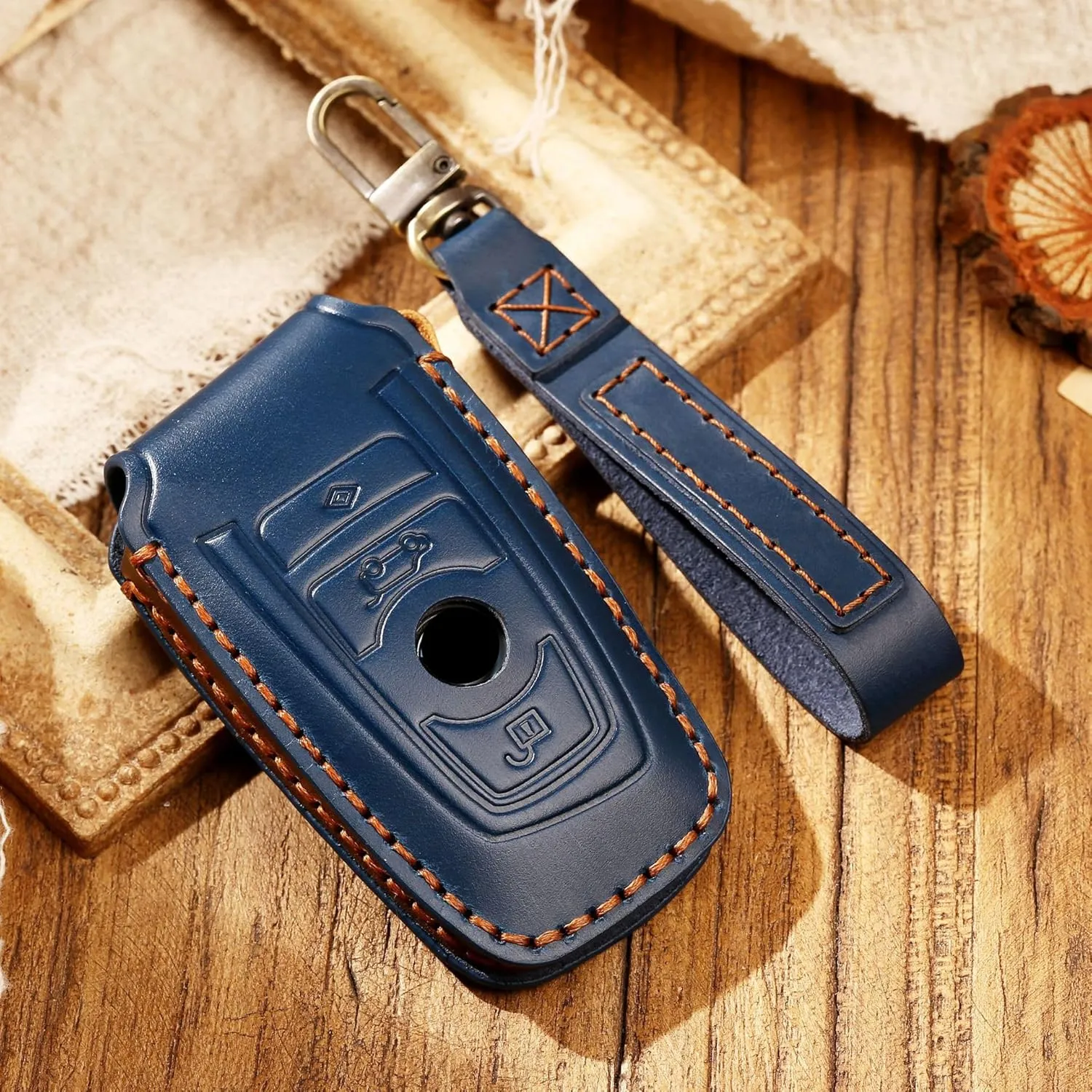 SANRILY Blue Cowhide Leather Key Fob Cover Fit for BMW 1 3 4 5 6 7 Series X3 X4 M5 M6 Full Protection Smart Key Case Shell with Keychain-Keyless