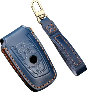 SANRILY Blue Cowhide Leather Key Fob Cover Fit for BMW 1 3 4 5 6 7 Series X3 X4 M5 M6 Full Protection Smart Key Case Shell with Keychain-Keyless