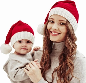 Santa Hats Family Matching Xmas Knit hat Parent-Child Pom Beanie Hat Winter Warmer Crochet Cap for Family Christmas Party Red White