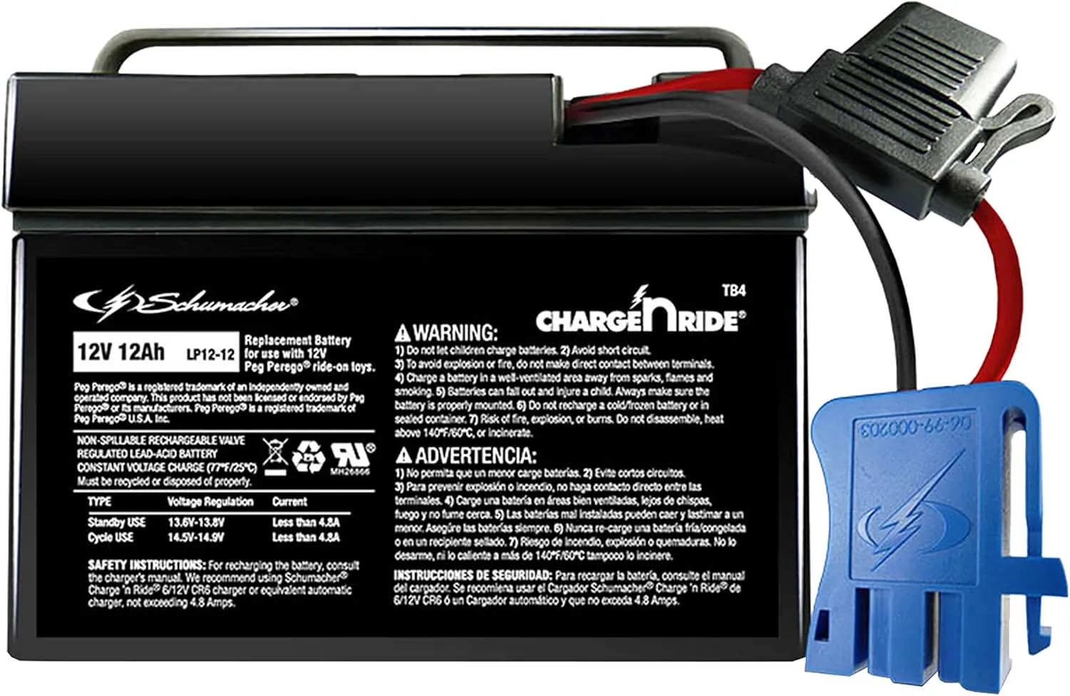 Schumacher Electric 12V Battery for Ride on Toys - TB4 12V 12 Amp Hours with Replaceable Fuse - Rechargeable 12V Ride On Replacement Battery for Peg Perego Vehicles - Safe & Easy to Use