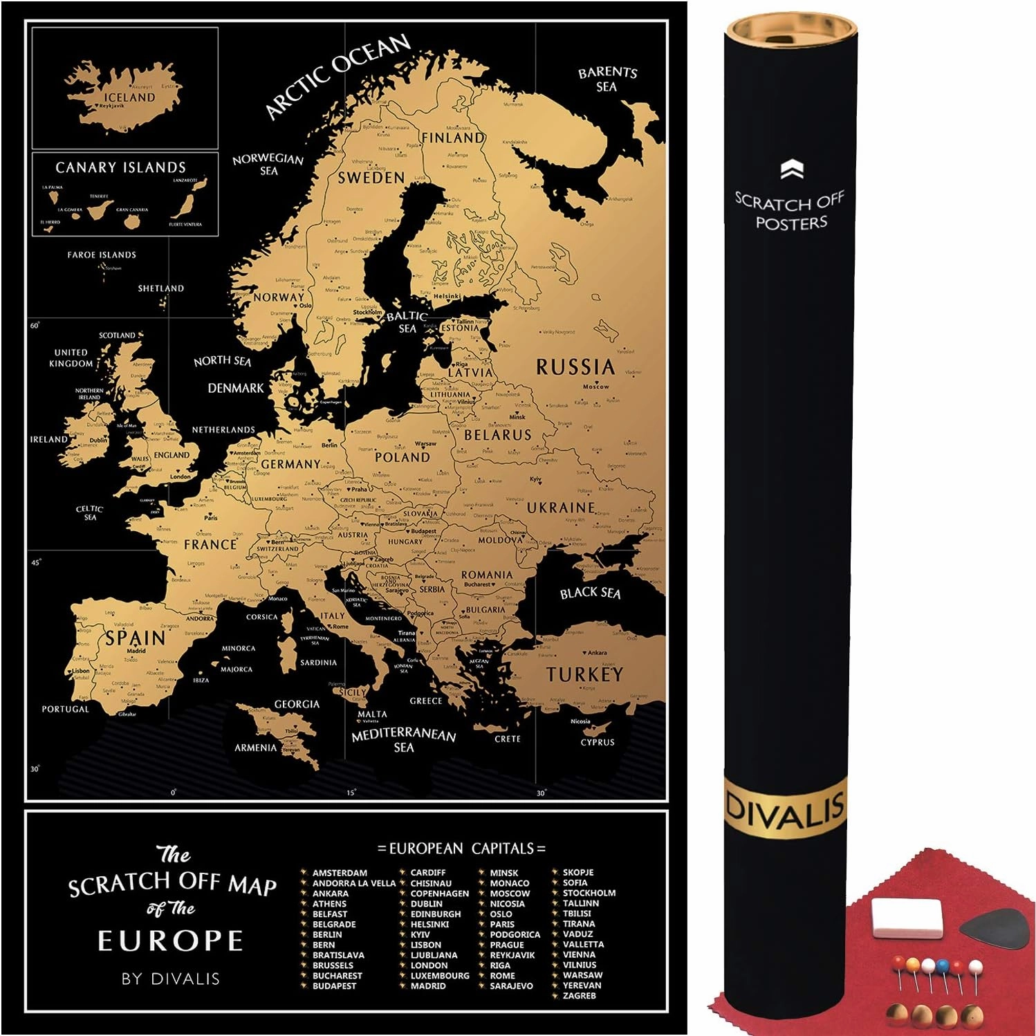 Scratch off Map of the Europe - Easy to Frame 24x16 European Travel Map Poster with Cities - Large Black and Gold Push Pin Travel Wall Maps - Scratchable Europe with Scratcher Included