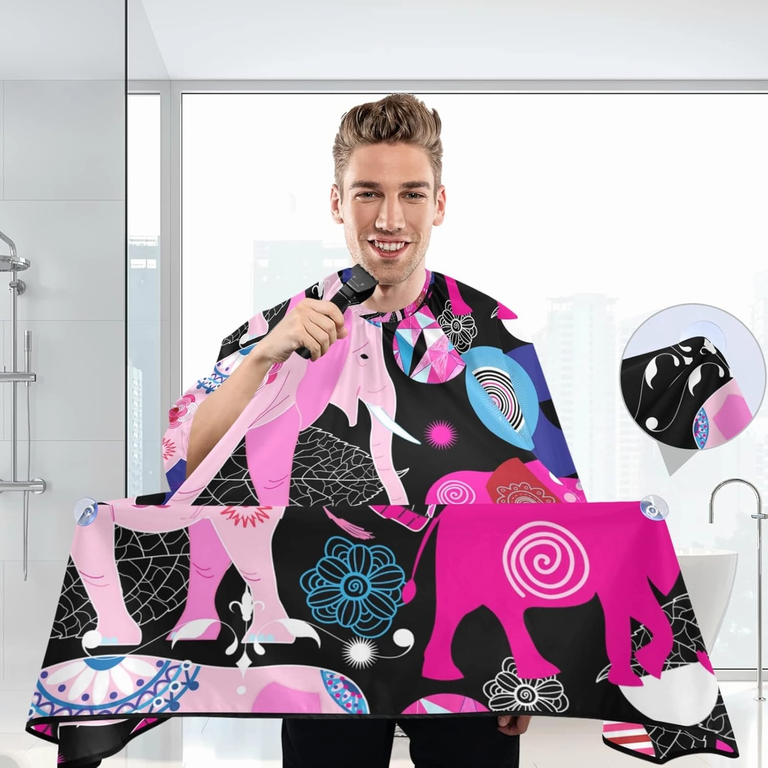 Seamless Bright Colorful Pink Elephants Leaves Flowers on Dark Waterproof Haircut Barber Cape with Adjustable Buckle, Barbershops Salon Hairdresser Beard Durable Bib Apron 65" x 55"