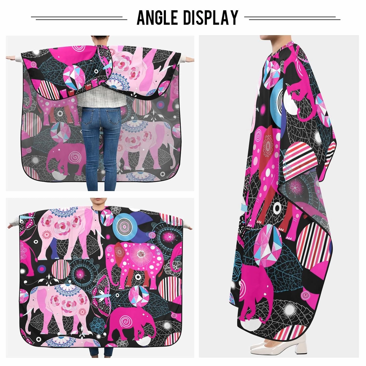 Seamless Bright Colorful Pink Elephants Leaves Flowers on Dark Waterproof Haircut Barber Cape with Adjustable Buckle, Barbershops Salon Hairdresser Beard Durable Bib Apron 65" x 55"