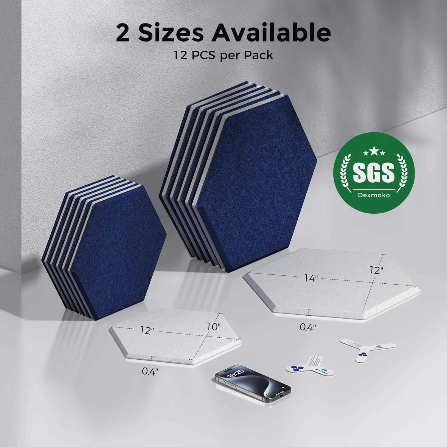 Self-Adhesive Acoustic Panels [390 lbs/yd³ Ultra-High Density], 2nd Generation Sound Absorbing Panel, Professional Level Sound Panel, Polyester Soundproof Foam [Size L, White & Dark Blue]