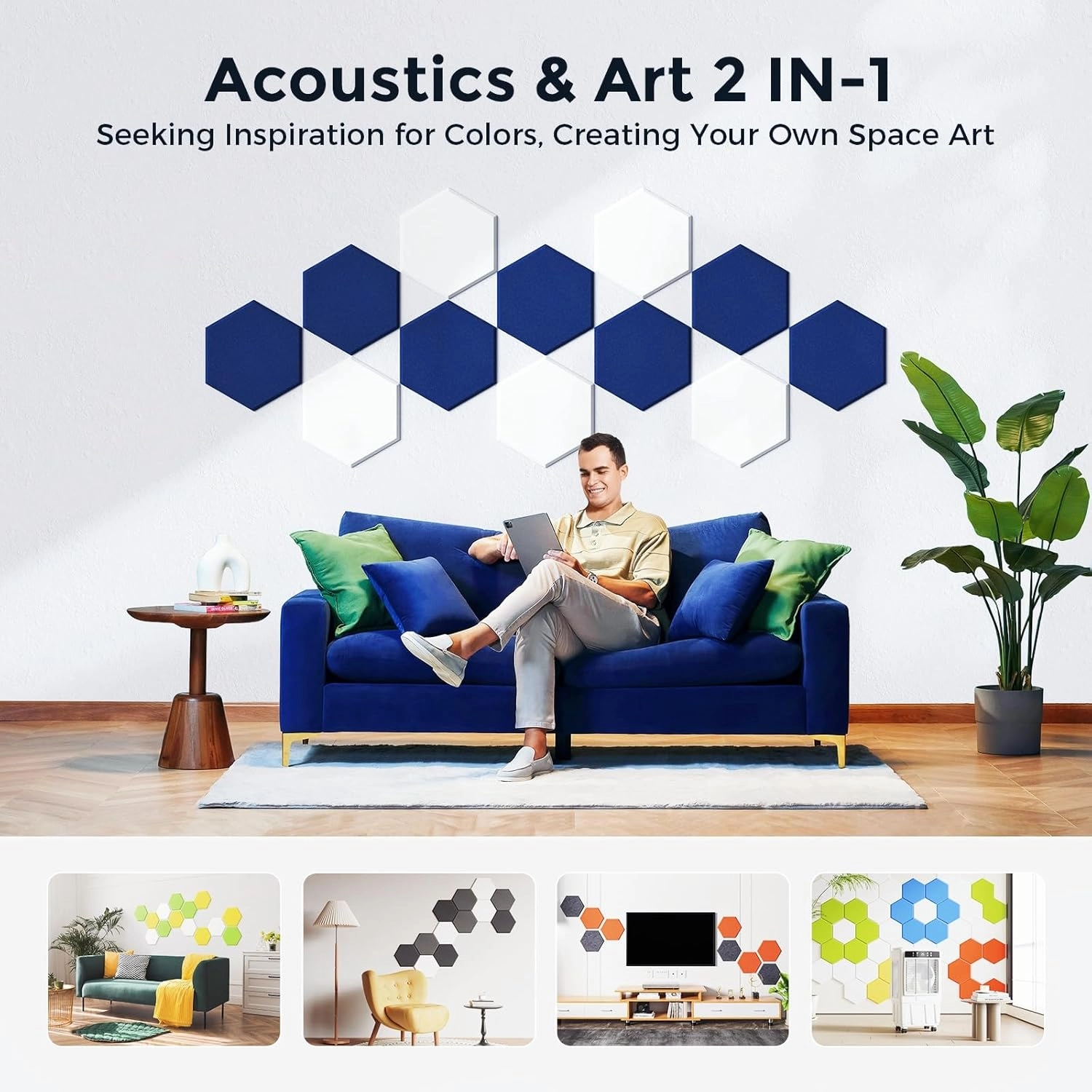 Self-Adhesive Acoustic Panels [390 lbs/yd³ Ultra-High Density], 2nd Generation Sound Absorbing Panel, Professional Level Sound Panel, Polyester Soundproof Foam [Size L, White & Dark Blue]