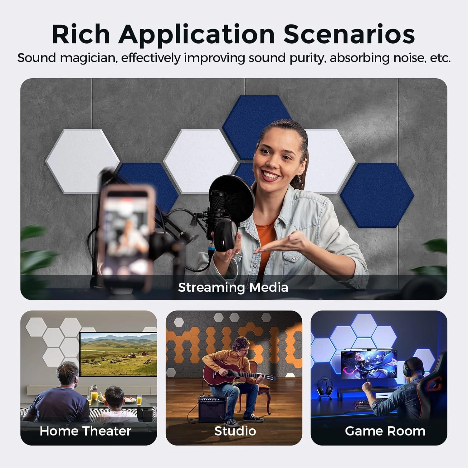 Self-Adhesive Acoustic Panels [390 lbs/yd³ Ultra-High Density], 2nd Generation Sound Absorbing Panel, Professional Level Sound Panel, Polyester Soundproof Foam [Size L, White & Dark Blue]