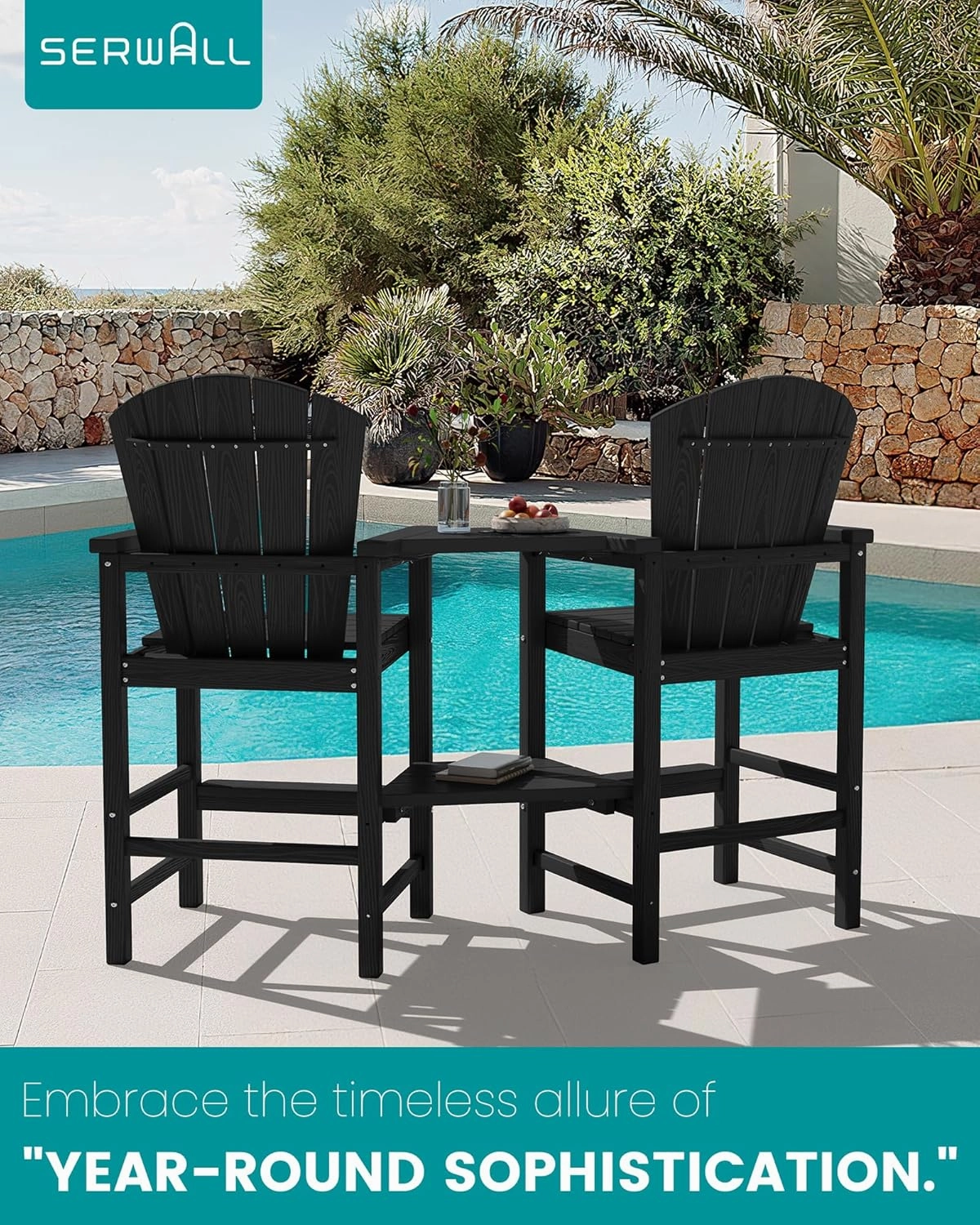 SERWALL Tall Adirondack Chairs Set of 2 with Double Layer Connecting Tray, HDPE Bar Height Outdoor Chairs, Wood-Like Adirondack Bar Stools for Patio, Balcony, Porch, Black
