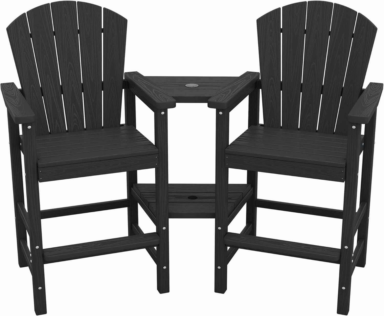 SERWALL Tall Adirondack Chairs Set of 2 with Double Layer Connecting Tray, HDPE Bar Height Outdoor Chairs, Wood-Like Adirondack Bar Stools for Patio, Balcony, Porch, Black