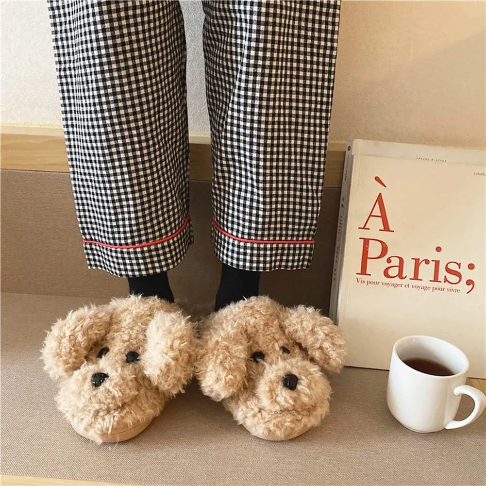 SGVAHY Slippers for Women Fuzzy Cute Slippers Indoor and Outdoor Slippers Teddy Dog Non-Slip Sole Cool Funny House Shoes Washable Slippers for Girls Teens Spring Autumn Winter (Teddy White, 7-8)