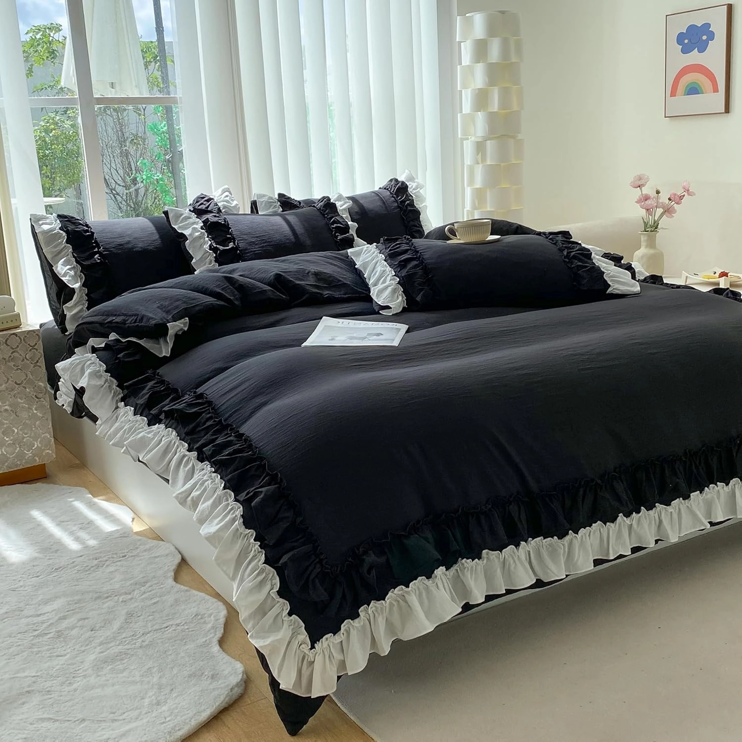Shabby Chic 3 Pieces Bedding,Vintage Ruffled Full Duvet Cover Set with 2 Layers Ruffles,Soft Brushed Microfiber Set with Zipper Closure,Lightweight Duvet Cover Set-Black,Full