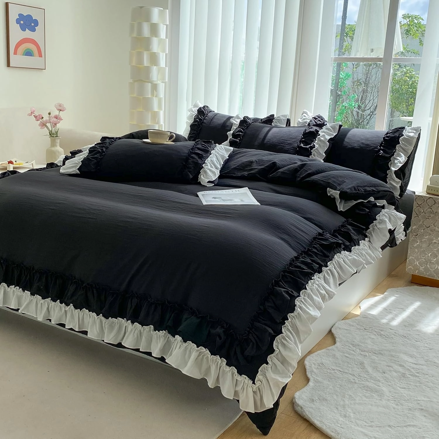 Shabby Chic 3 Pieces Bedding,Vintage Ruffled Full Duvet Cover Set with 2 Layers Ruffles,Soft Brushed Microfiber Set with Zipper Closure,Lightweight Duvet Cover Set-Black,Full