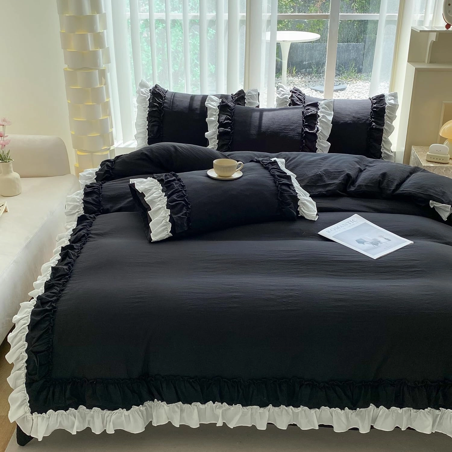 Shabby Chic 3 Pieces Bedding,Vintage Ruffled Full Duvet Cover Set with 2 Layers Ruffles,Soft Brushed Microfiber Set with Zipper Closure,Lightweight Duvet Cover Set-Black,Full