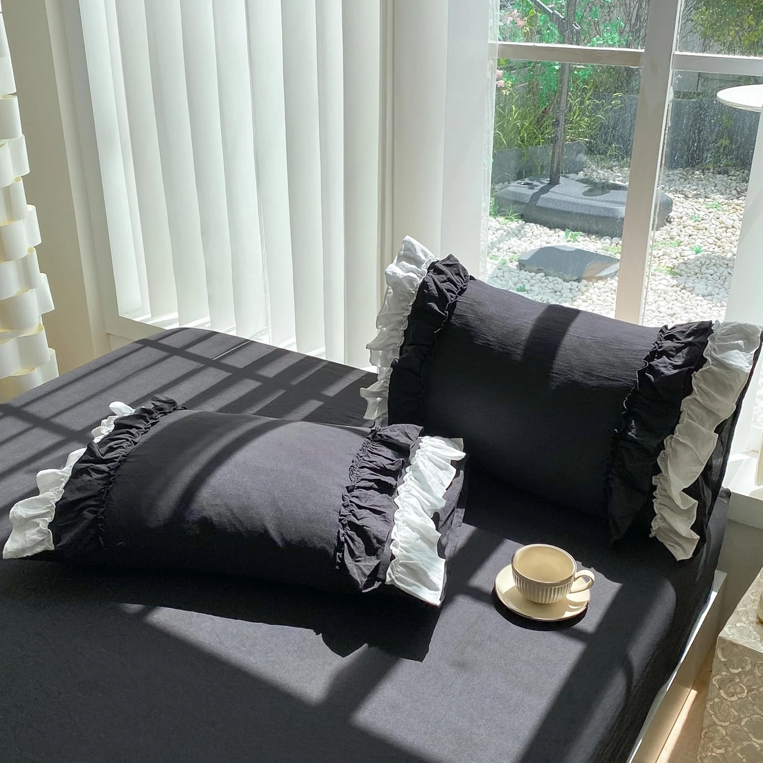 Shabby Chic 3 Pieces Bedding,Vintage Ruffled Full Duvet Cover Set with 2 Layers Ruffles,Soft Brushed Microfiber Set with Zipper Closure,Lightweight Duvet Cover Set-Black,Full