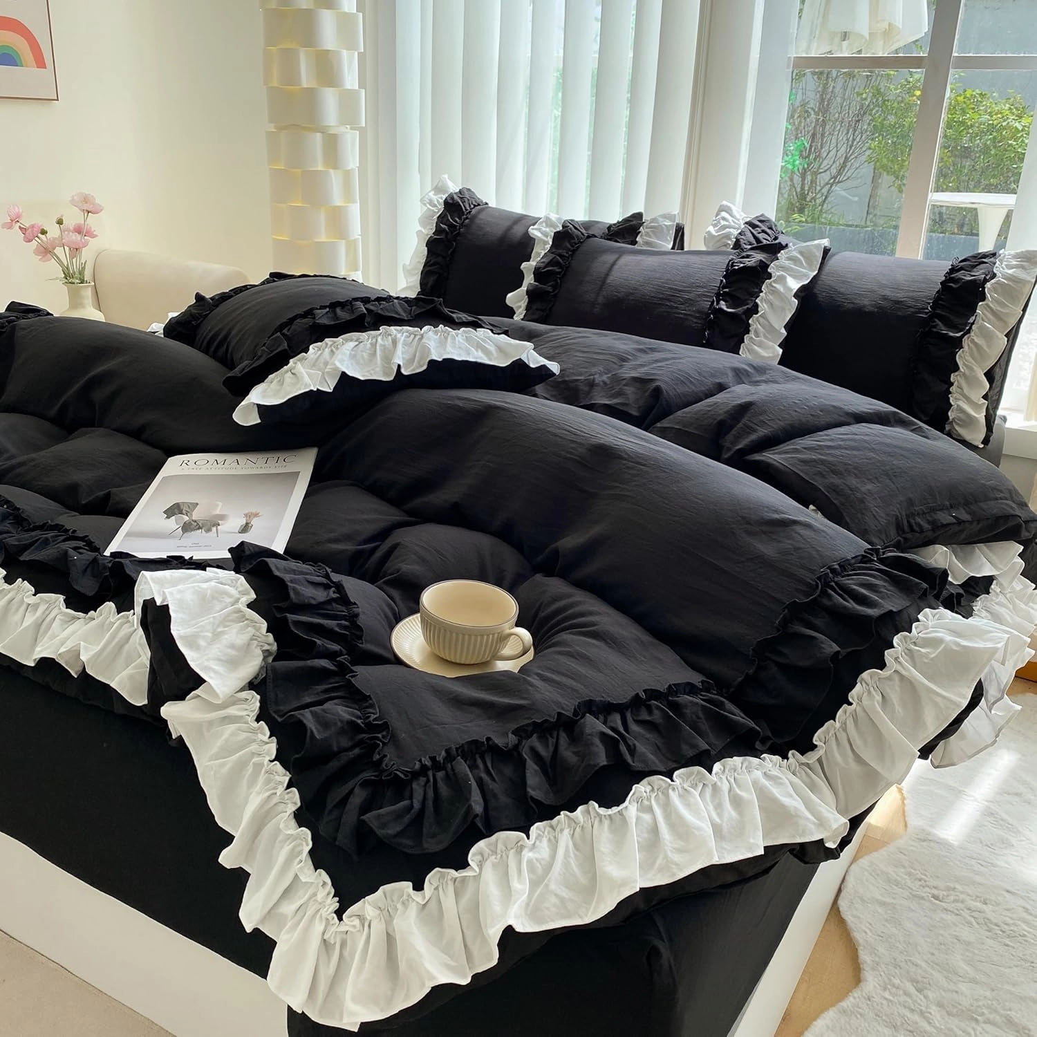 Shabby Chic 3 Pieces Bedding,Vintage Ruffled Full Duvet Cover Set with 2 Layers Ruffles,Soft Brushed Microfiber Set with Zipper Closure,Lightweight Duvet Cover Set-Black,Full