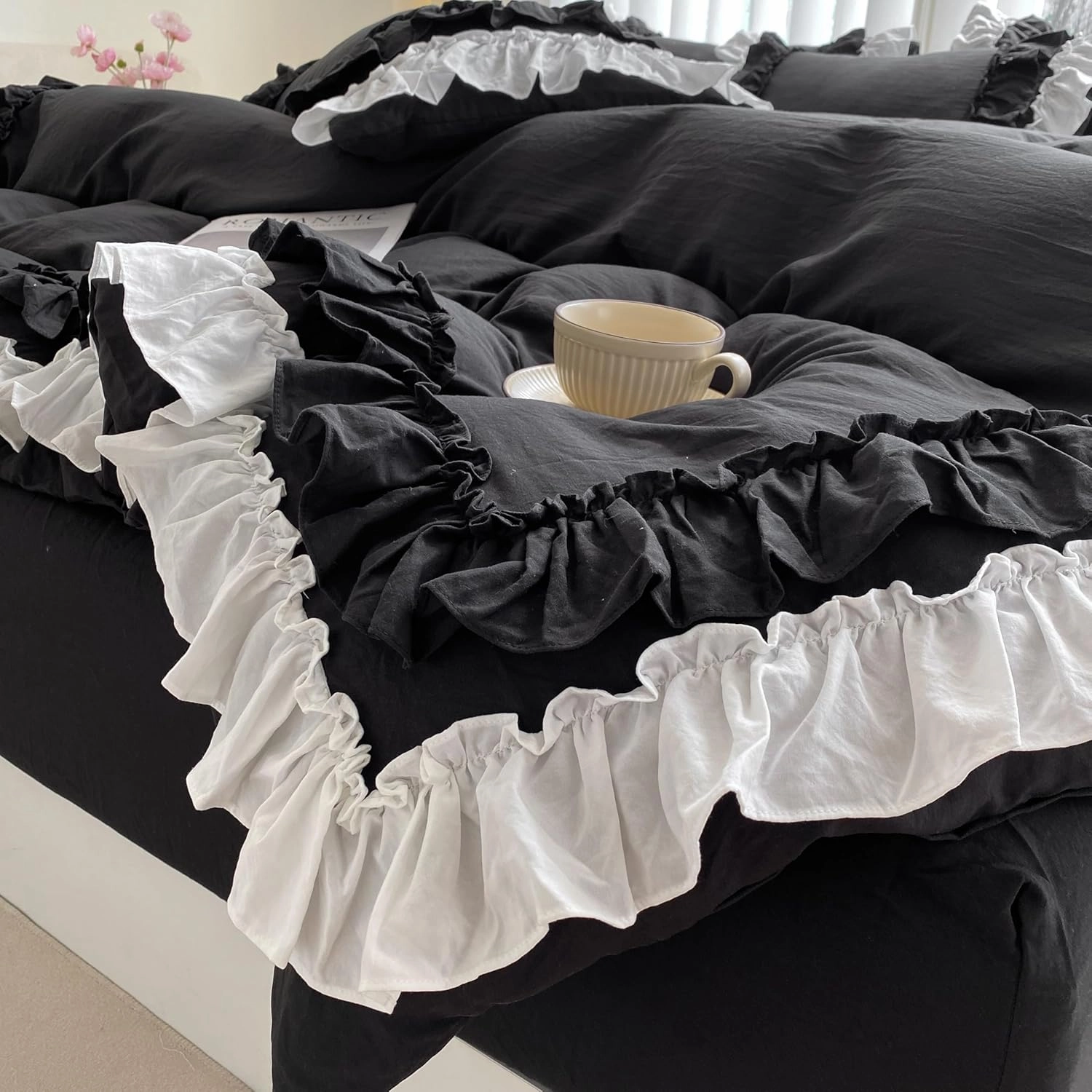 Shabby Chic 3 Pieces Bedding,Vintage Ruffled Full Duvet Cover Set with 2 Layers Ruffles,Soft Brushed Microfiber Set with Zipper Closure,Lightweight Duvet Cover Set-Black,Full