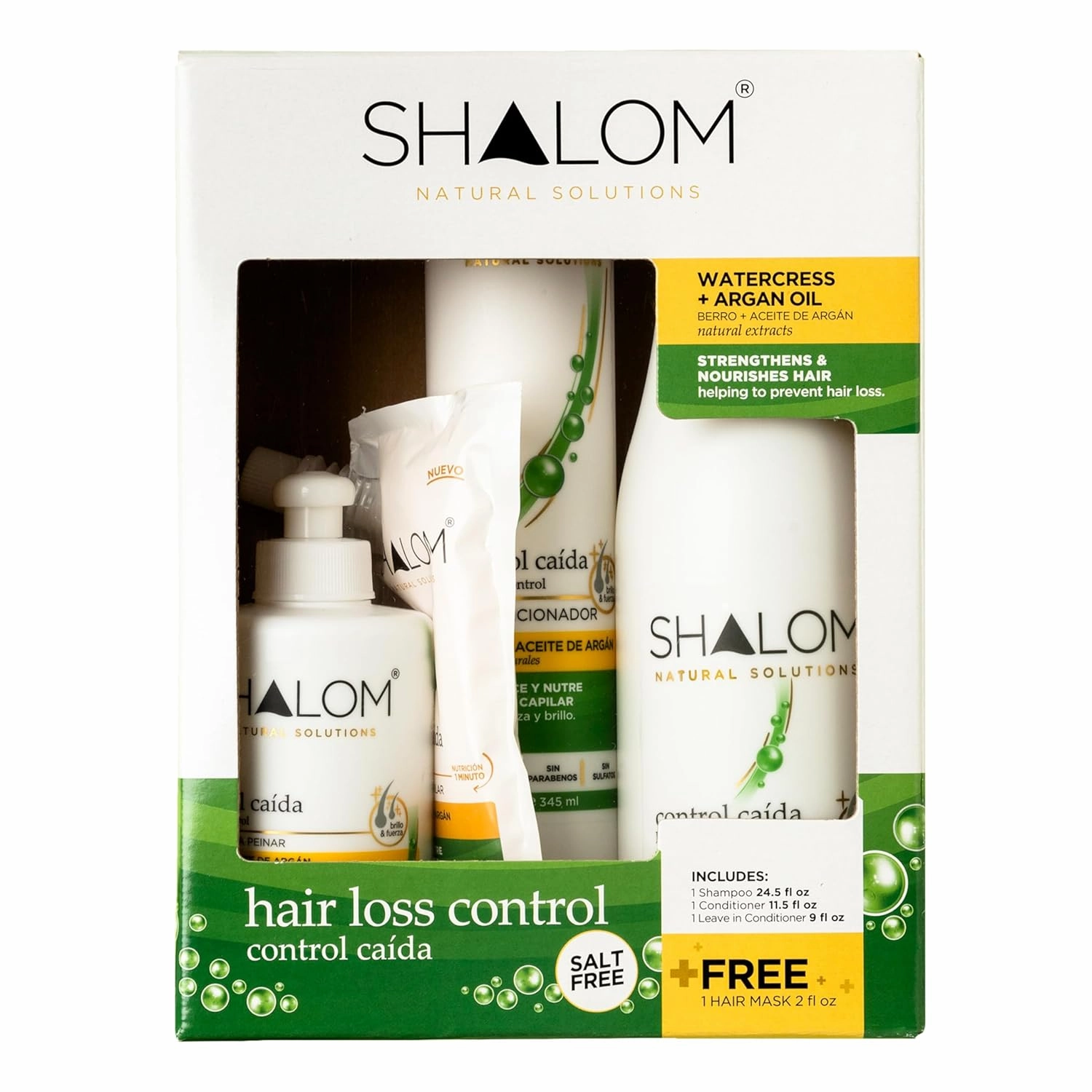 SHALOM Hair Loss Control Complete Kit with Watercress Oil & Argan Oil - Shampoo, Conditioner, Hair Mask, Leave-in Conditioner, Salt-Free, Sulfate-Free, Paraben-Free