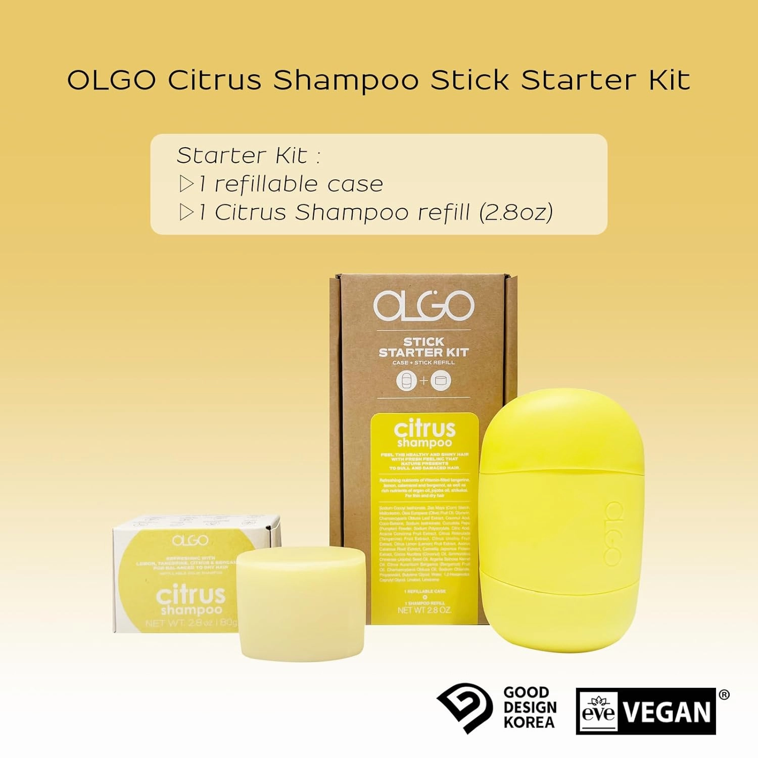 Shampoo Stick Starter Kit (case refill), Citrus | Vegan certified soap free solid shampoo stick bar for adults and kids | Head to Toe Wash and Shampoo