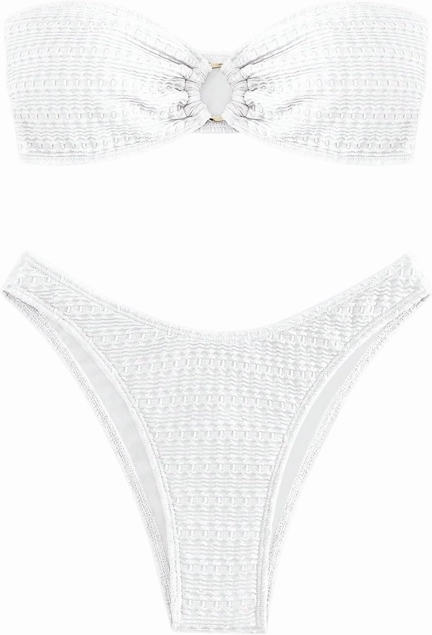 SHENHE Women's 2 Piece Bikini Set Summer Solid Ring Strapless Textured Bathingsuit