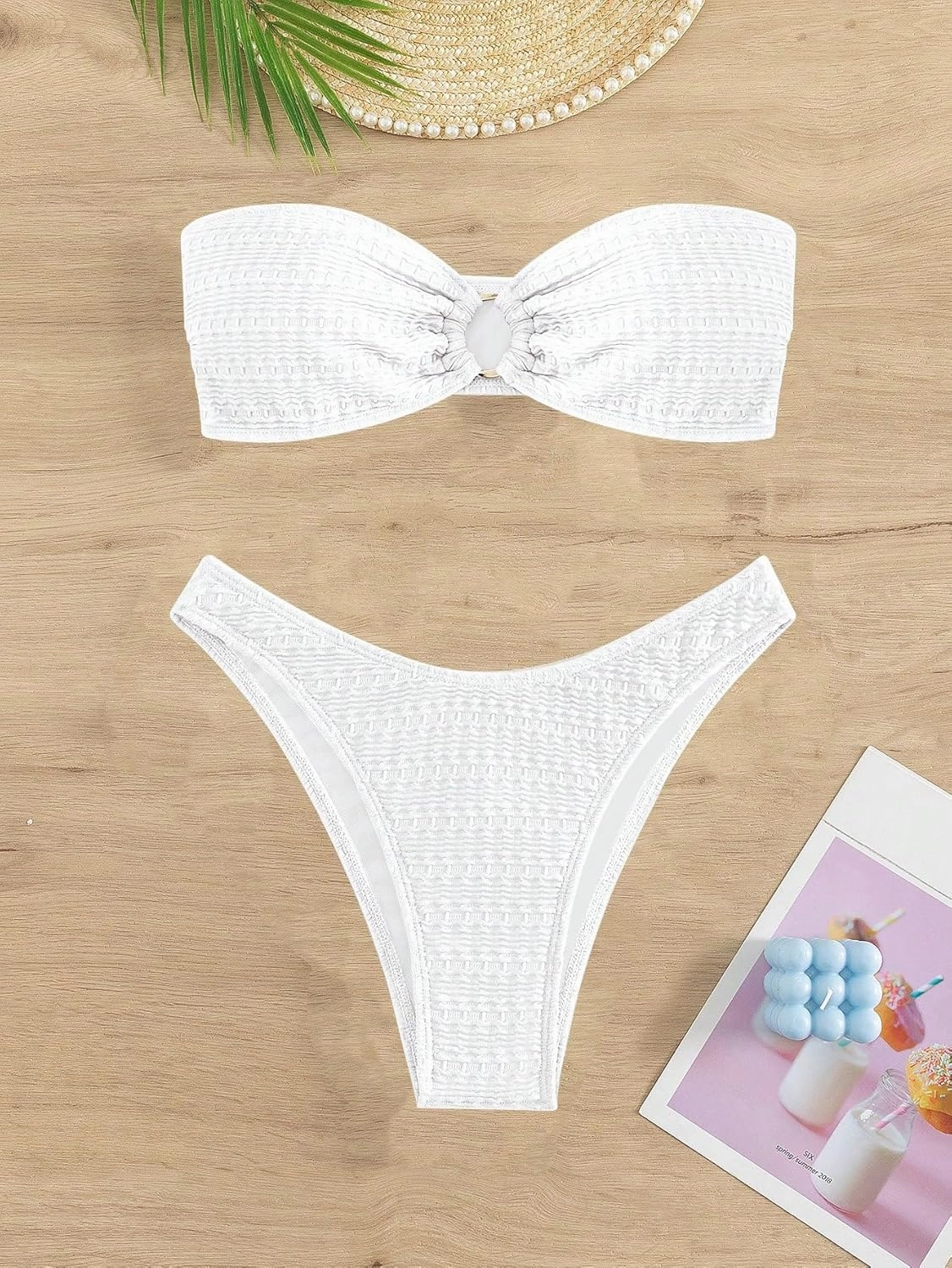SHENHE Women's 2 Piece Bikini Set Summer Solid Ring Strapless Textured Bathingsuit
