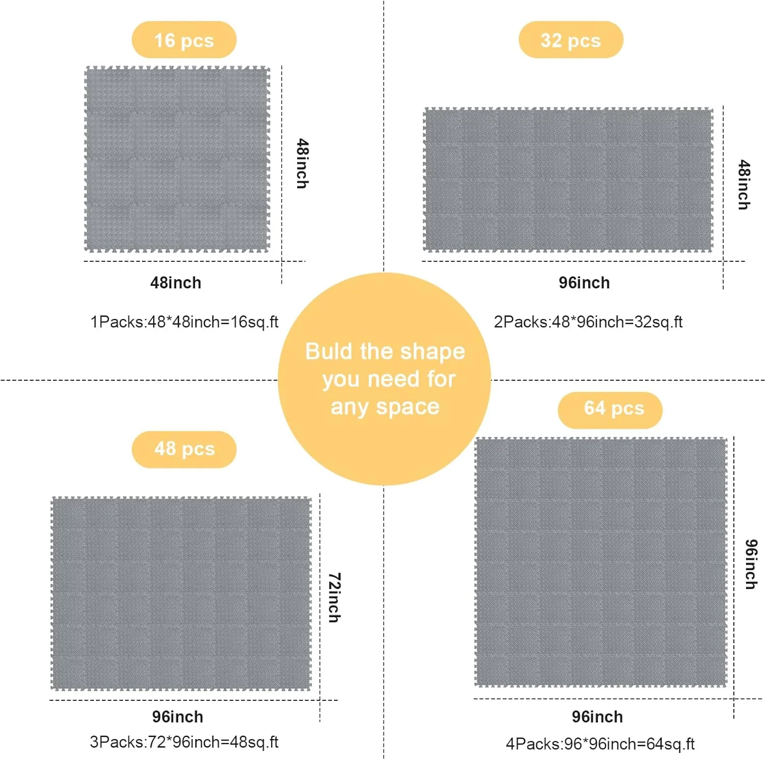 Shihanee Foam Floor Baby Tiles Foam Floor Mats Play Mats Bulk with Borders Interlocking for Kids Baby Playroom Nursery Gym (Gray,16ft)