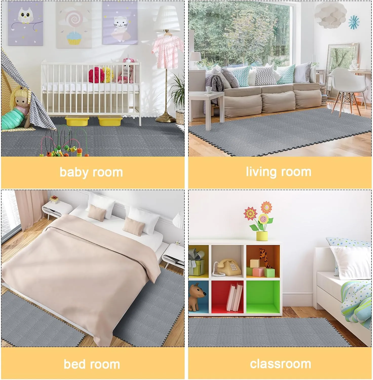 Shihanee Foam Floor Baby Tiles Foam Floor Mats Play Mats Bulk with Borders Interlocking for Kids Baby Playroom Nursery Gym (Gray,16ft)