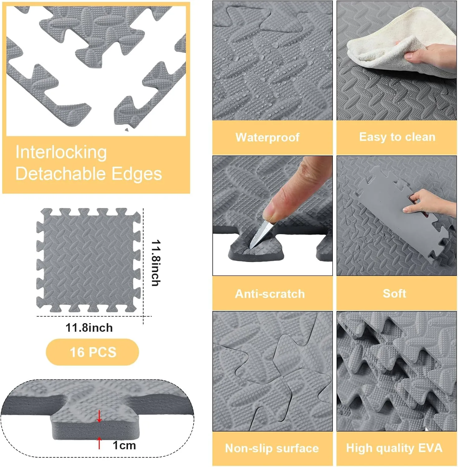 Shihanee Foam Floor Baby Tiles Foam Floor Mats Play Mats Bulk with Borders Interlocking for Kids Baby Playroom Nursery Gym (Gray,16ft)