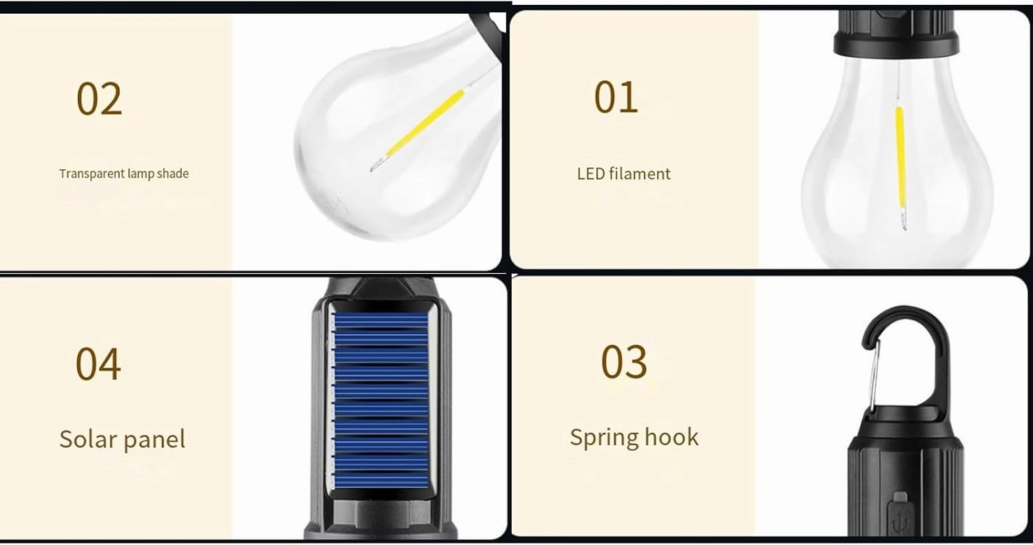 Shineshore Solar Rechargeable Hooked Camping Light, Solar Rechargeable Hooked Camping Light, IPX4 Waterproof Technology, Three-Level Lighting Adjustment (1# 2 PCS)