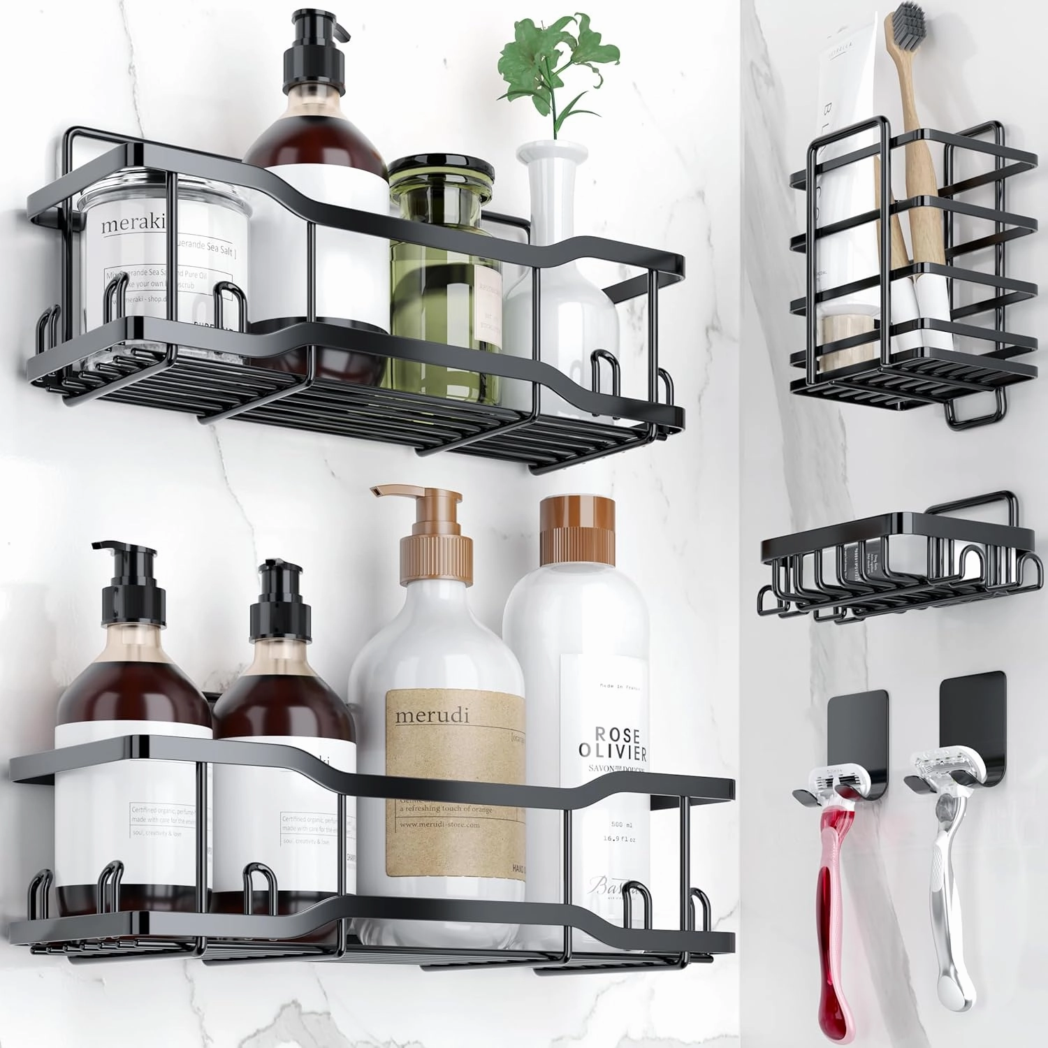 Shower Caddy Bathroom Shelves, The Athena Silken Black 4 Set, 40LB Capacity, Adhesive Tape - No Drill-Rustproof -Gorgeous Powder Coated 304 Stainless Steel Shower Organizer for kitchen and Home Decor