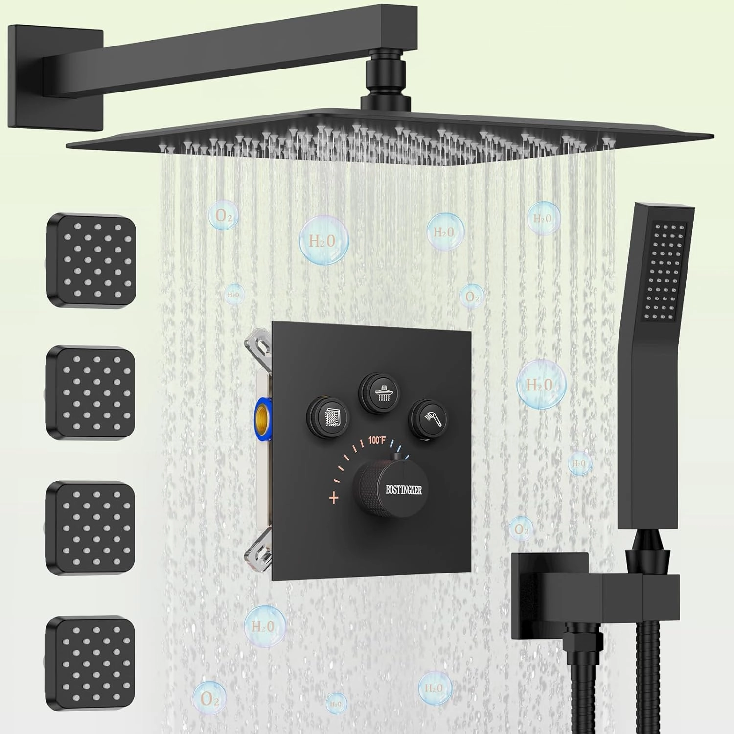Shower Faucet Set Matte Black Shower System, Bostingner 12" Rain Shower Head with Handheld Spray and 4 Body Jets,Can Run Together,3 Way Shower Set with Thermostatic Volume Adjustable Valve