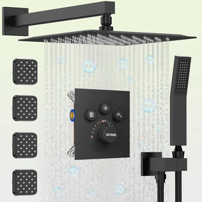 Shower Faucet Set Matte Black Shower System, Bostingner 12" Rain Shower Head with Handheld Spray and 4 Body Jets,Can Run Together,3 Way Shower Set with Thermostatic Volume Adjustable Valve