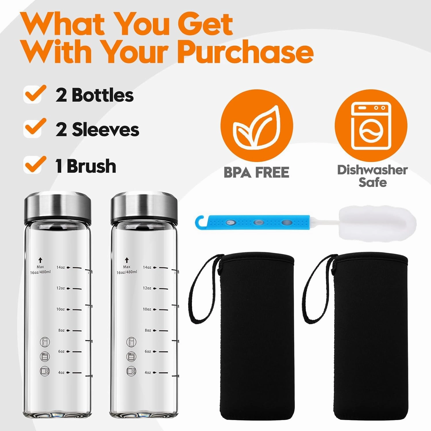 SIEROZUR Glass Juice Bottles 16 oz-2 Pack Leak Proof Wide Mouth Water Bottle with Stainless Steel Lid & Sleeve - for Juicing, Smoothies, Infused Water, Beverage Storage, Eco-Friendly Borosilicate