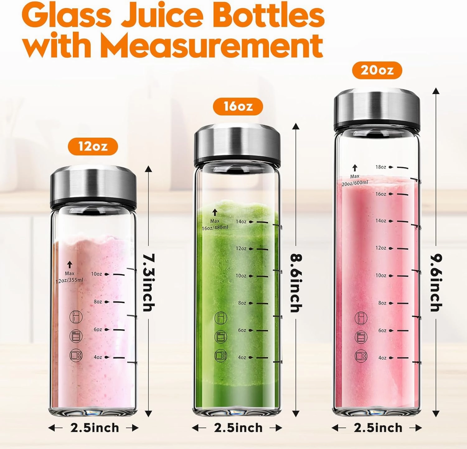 SIEROZUR Glass Juice Bottles 16 oz-2 Pack Leak Proof Wide Mouth Water Bottle with Stainless Steel Lid & Sleeve - for Juicing, Smoothies, Infused Water, Beverage Storage, Eco-Friendly Borosilicate