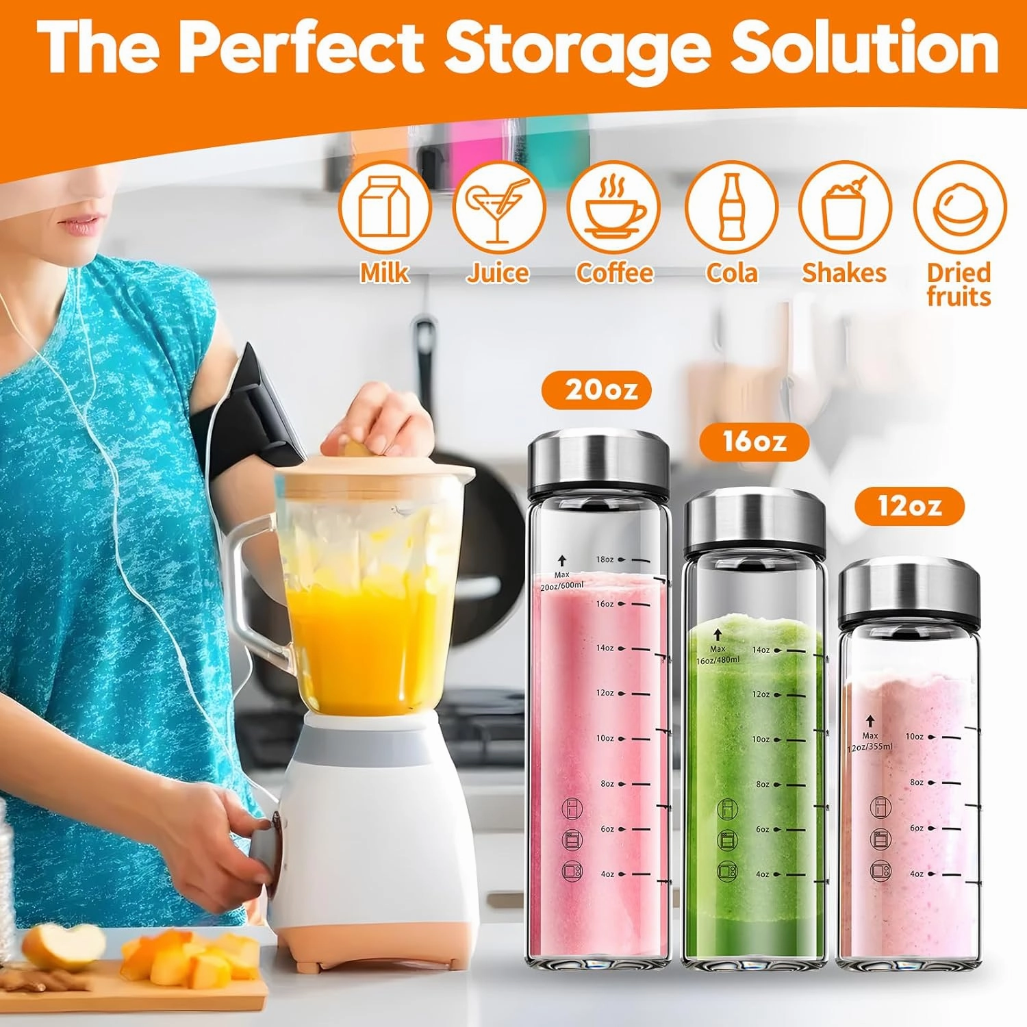 SIEROZUR Glass Juice Bottles 16 oz-2 Pack Leak Proof Wide Mouth Water Bottle with Stainless Steel Lid & Sleeve - for Juicing, Smoothies, Infused Water, Beverage Storage, Eco-Friendly Borosilicate