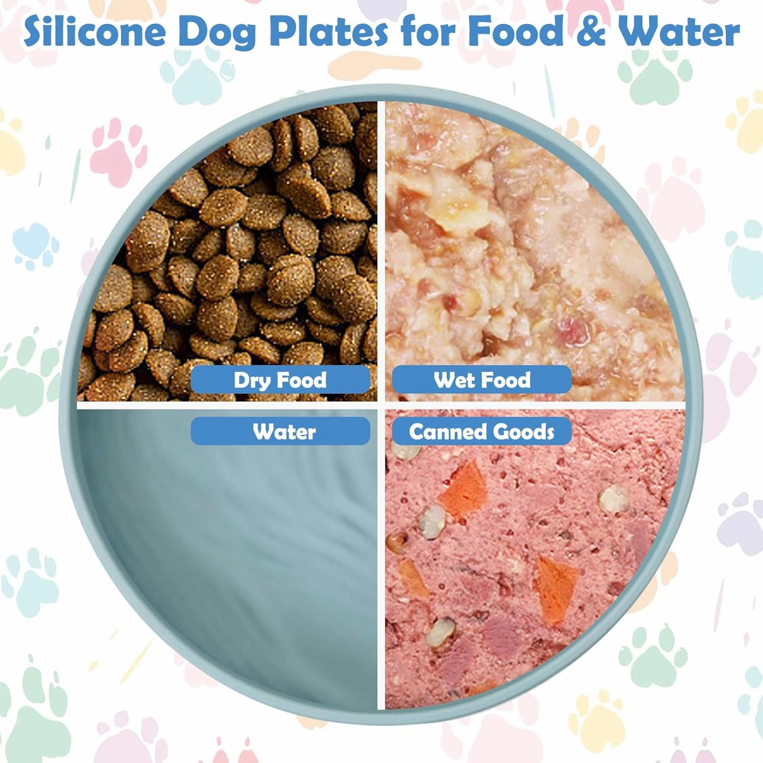 Silicone Dog Bowl Set of 2 Flat Puppy Food & Water Dish Less Mess Cat Dry Food Plates with Suction Cup Non-Tippable Feeding Bowls for Small & Medium-Sized Pets (Round Pale Blue)