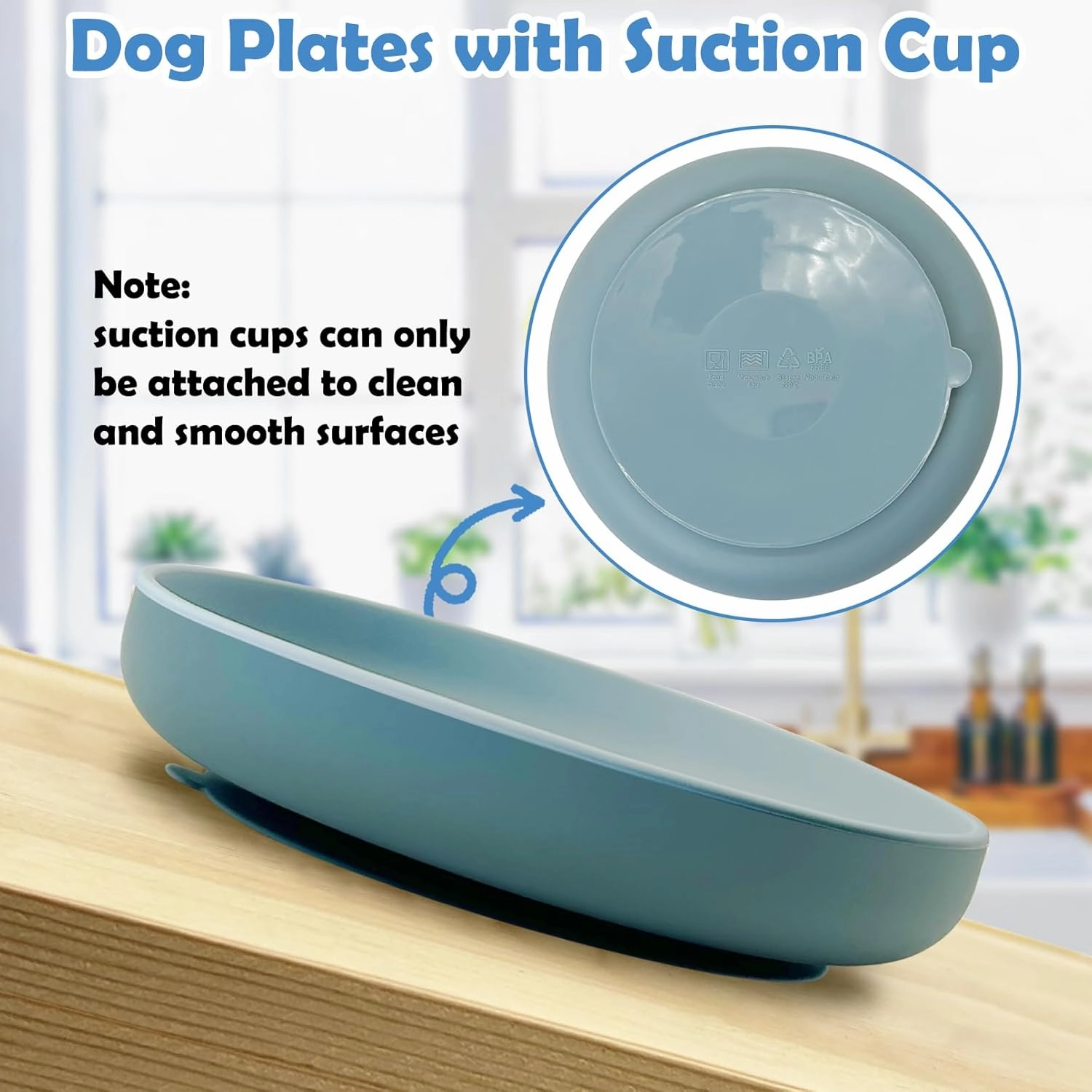 Silicone Dog Bowl Set of 2 Flat Puppy Food & Water Dish Less Mess Cat Dry Food Plates with Suction Cup Non-Tippable Feeding Bowls for Small & Medium-Sized Pets (Round Pale Blue)