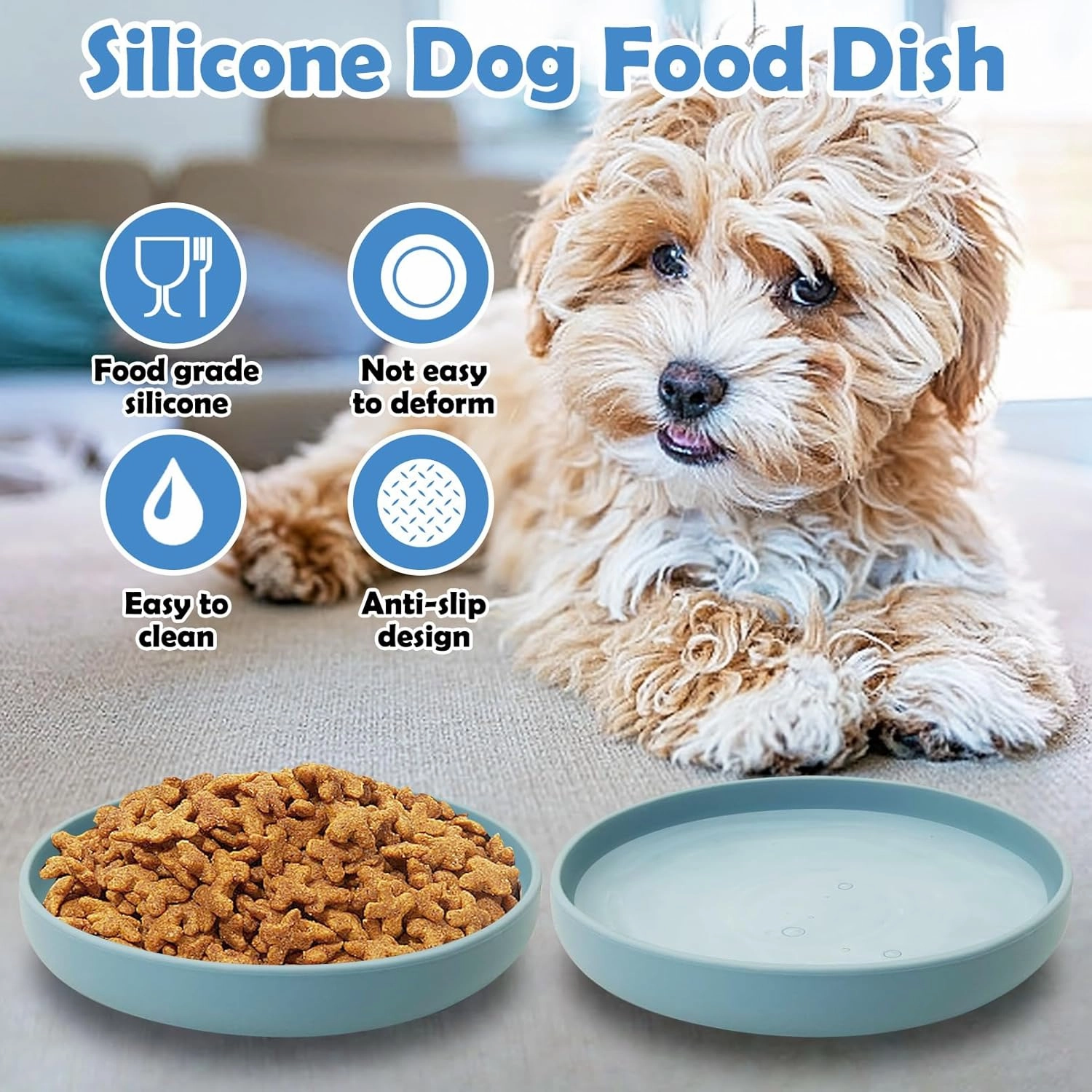 Silicone Dog Bowl Set of 2 Flat Puppy Food & Water Dish Less Mess Cat Dry Food Plates with Suction Cup Non-Tippable Feeding Bowls for Small & Medium-Sized Pets (Round Pale Blue)
